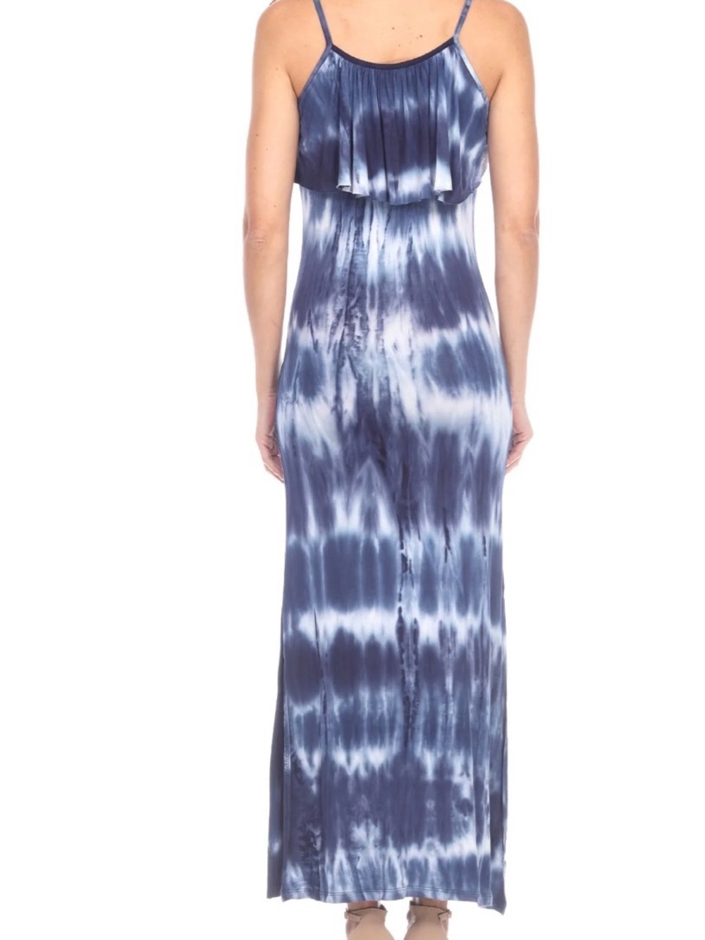 White Mark Navy and White Tie-Dye Maxi Bodycon Dress with Ruffle Detail